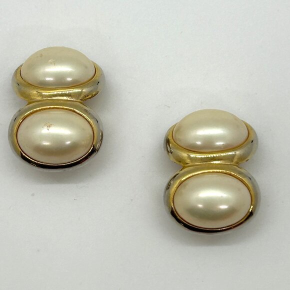 Estate Jewelry - Vintage Gold Tone Double Faux Pearl Clip-On Earrings Retro 80s Statement Cabocho